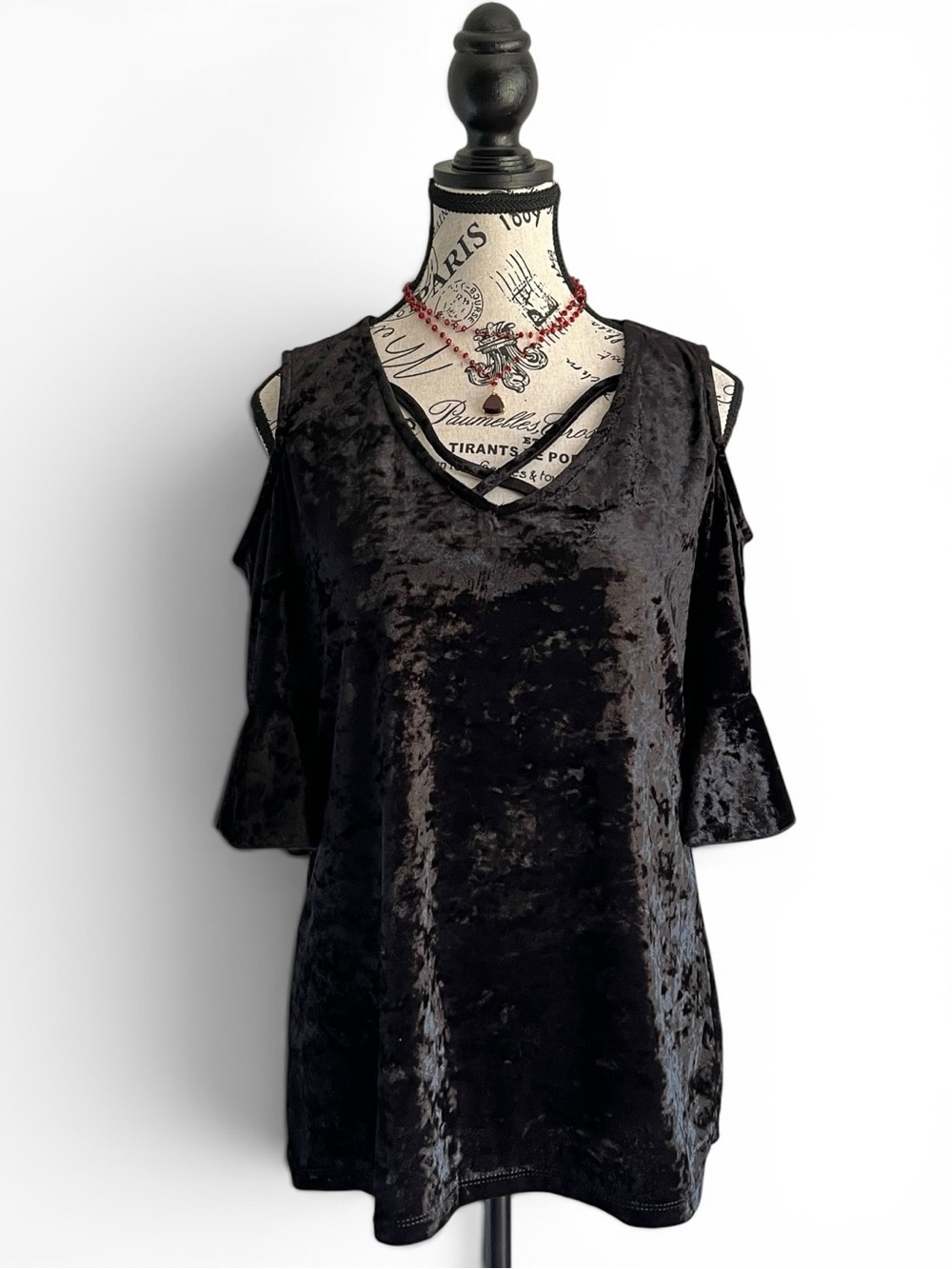 Le Grenier Black Crushed Velvet Cold Shoulder Top Bell Sleeve Medium Goth Witch